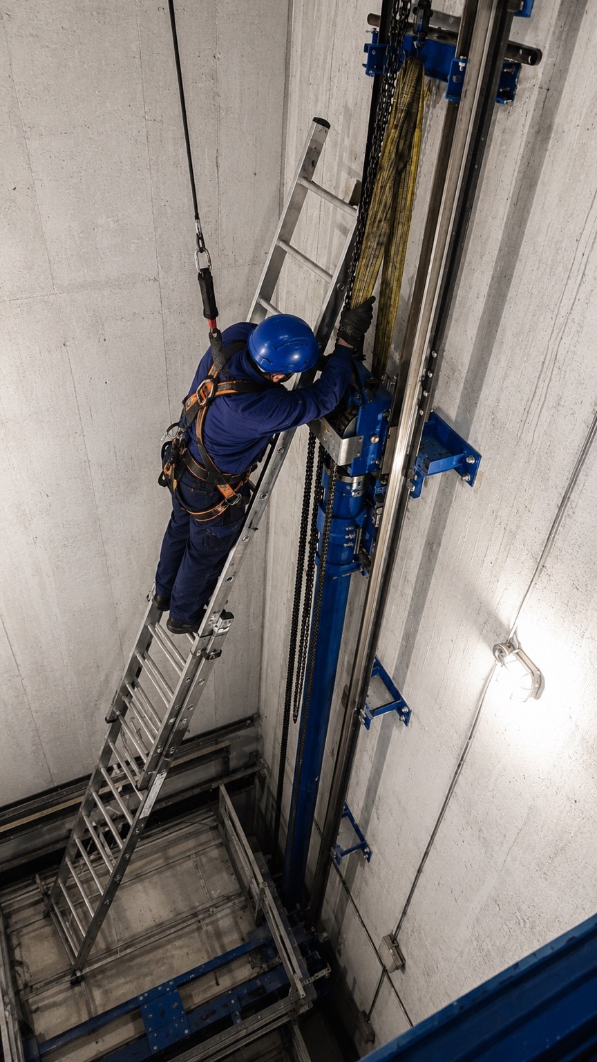 Technician servicing elevator shaft