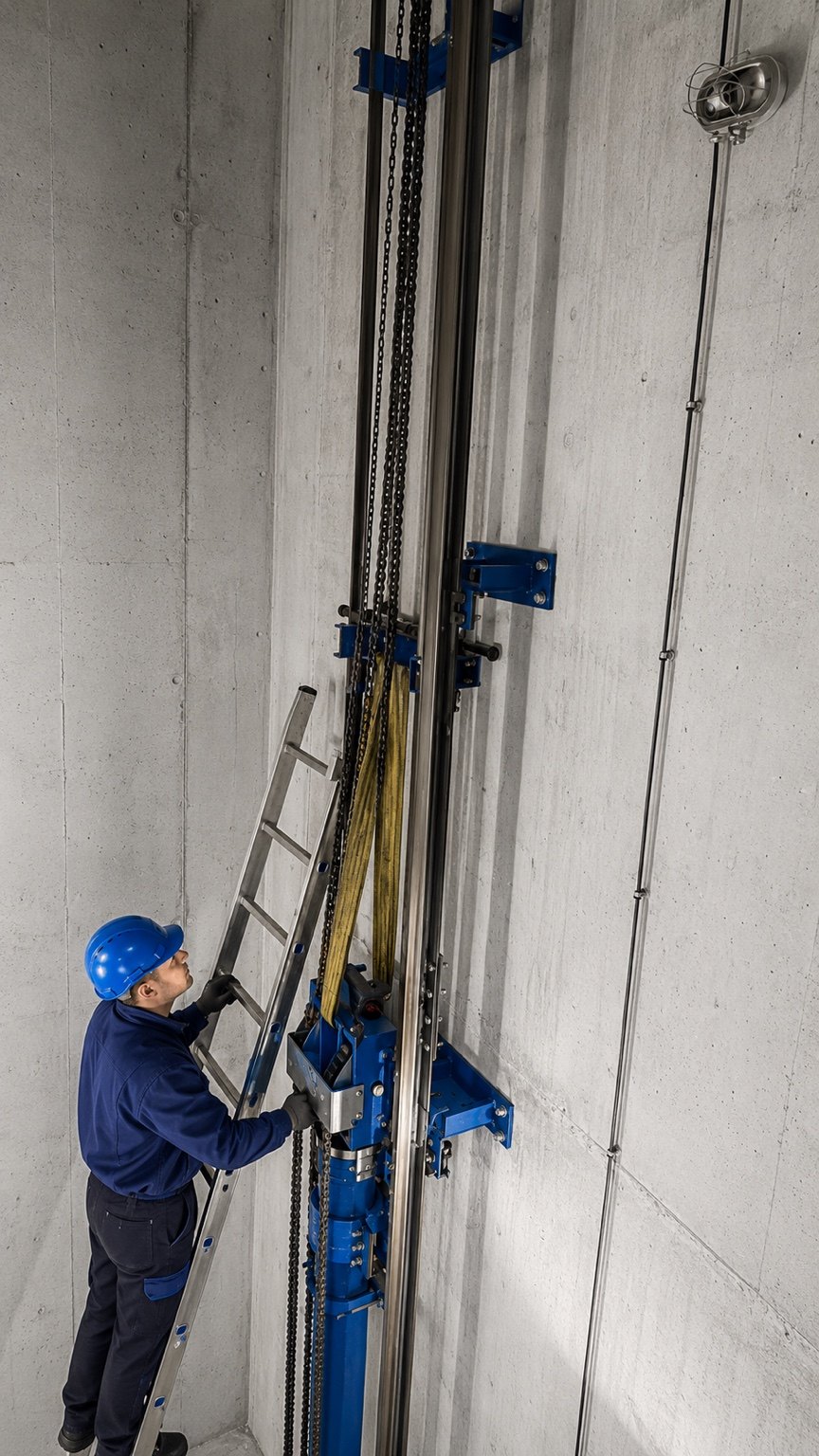 Technician working in an elevator shaft